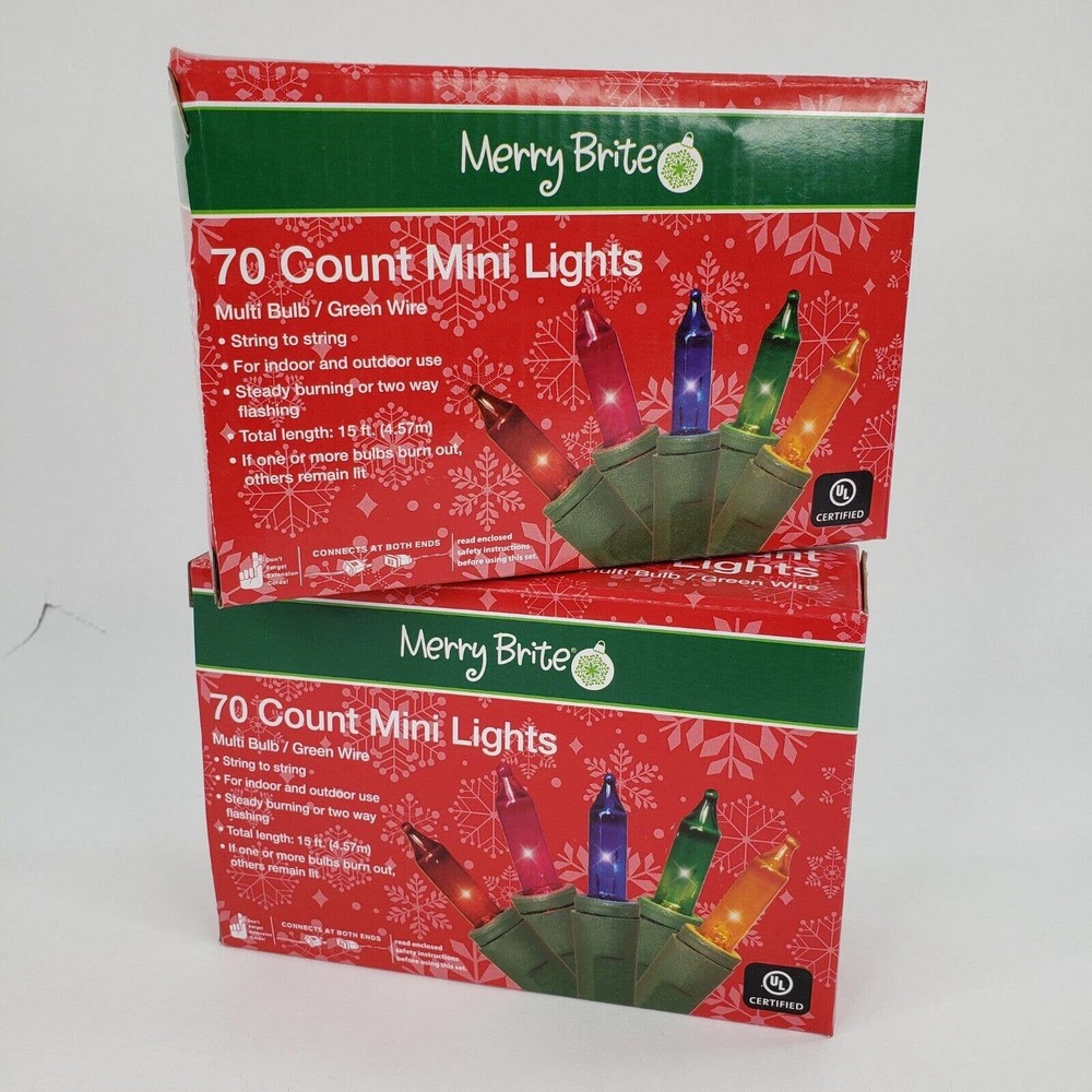 2 Merry Brite 70 Mini Lights Multi Color Green Wire Christmas Tree Patio Decor